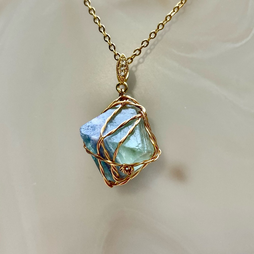Green Blue Fluorite Octahedron necklace P38